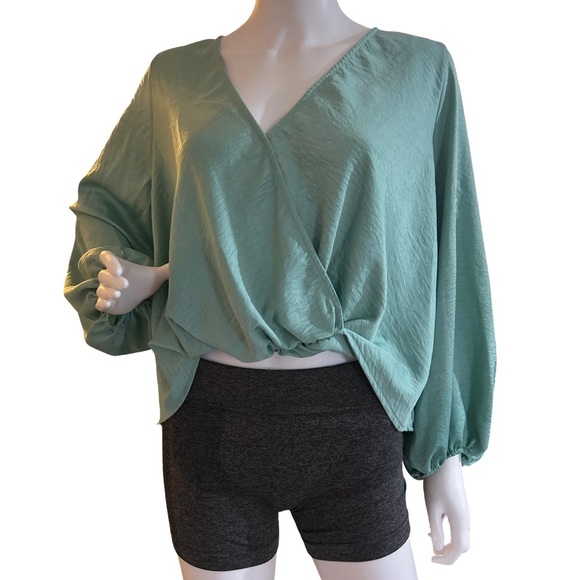 Blue Blush Green Puff Sleeve Wrap Blouse size S - Picture 5 of 9